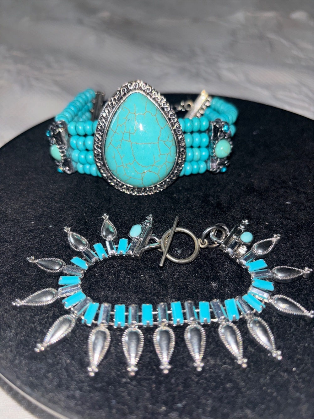 Turquoise Look Bead Bracelet and Statement Chain Bracelet - Turquoise